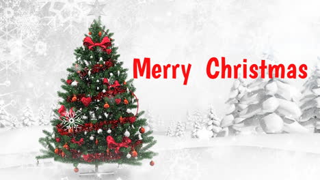 Animation-of-christmas-greetings-text-and-snow-falling-over-christmas-tree-and-winter-scenery