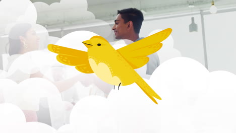 Animación-De-Un-Pájaro-Amarillo-Sobre-Densas-Nubes-Sobre-Diversos-Compañeros-De-Trabajo-Dándose-La-Mano-Después-De-Una-Conversación