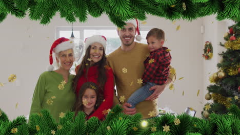 Animation-of-snow-falling-and-fir-tree-over-caucasian-family-wearing-santa-hats