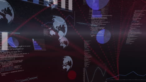 Animation-Von-Globen,-Programmiersprache,-Balkendiagramm-über-Roten-Punkten,-Die-Ein-Abstraktes-Muster-Bilden