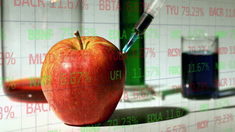 Animation-of-stock-market-over-beakers-with-liquid-and-apple-with-syringe-on-white-background