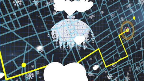 Animation-of-shapes-with-snow-falling-and-bauble-over-city-map-on-black-background
