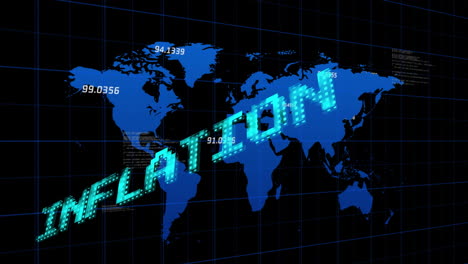 Animation-of-inflation-text-in-blue-over-blue-world-map-and-processing-data
