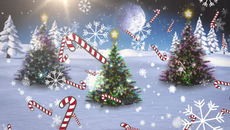 Animation-of-snowflakes-and-candy-cane-icons-falling-over-three-christmas-trees-on-winter-landscape