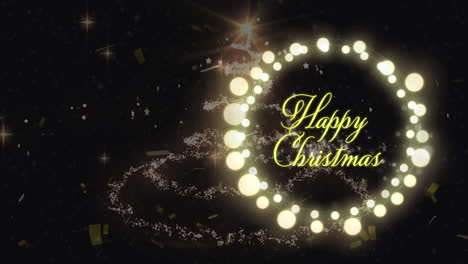 Animation-of-happy-christmas-text-over-light-spots-and-confetti-on-black-background