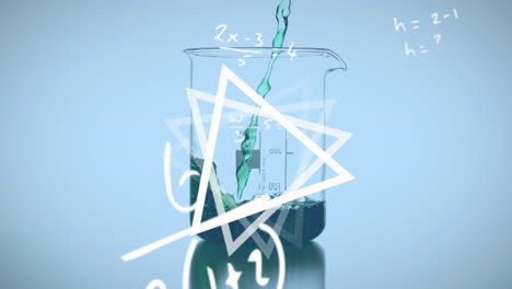 Animation-of-mathematical-equations,-triangles-over-liquid-pouring-in-glass-beakers