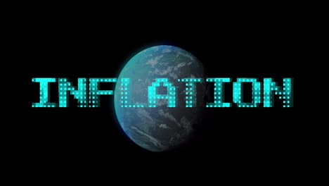 Animation-Des-Inflationstextes-In-Blau-über-Dem-Globus,-Der-Auf-Schwarzem-Hintergrund-Rotiert