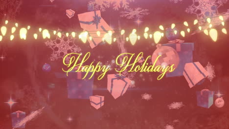 Animation-of-fairy-lights-and-happy-holidays-text-banner-against-christmas-decorations-falling
