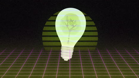 Animation-Eines-Baumes-In-Glühbirne-über-Sonne-Und-Gittermuster-Vor-Schwarzem-Hintergrund