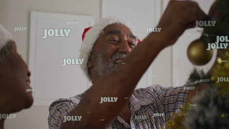 Animation-of-jolly-text-over-senior-african-american-couple-wearing-santa-hats