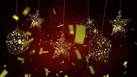 Animation-of-confetti-falling-over-golden-stars-and-baubles-on-red-background