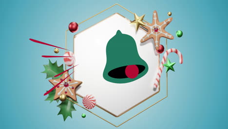 Animation-of-christmas-green-bell-in-frame-with-decoration-on-blue-background
