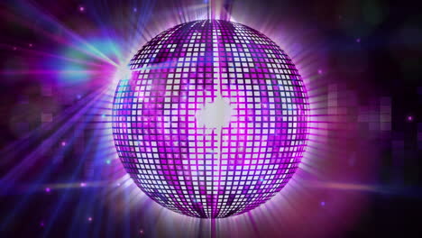 Animation-of-light-spots-over-spinning-purple-disco-ball-against-mosaic-squares-on-pink-background