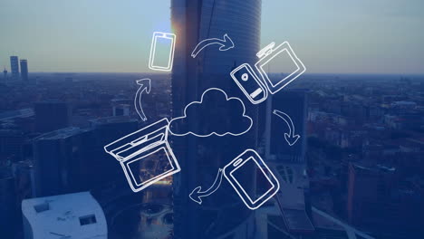 Animation-of-network-of-connections-with-cloud-icons-over-cityscape