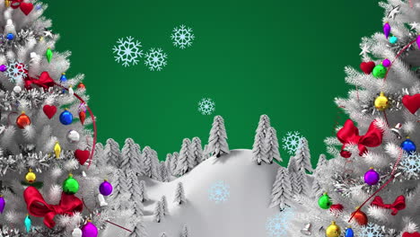 Animation-of-snowflakes-falling-over-white-christmas-tree-on-winter-landscape-on-green-background