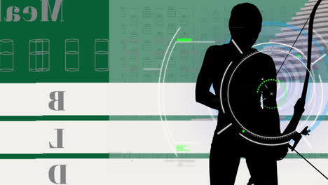 Animation-of-data-processing-with-scope-scanning-over-woman-silhouette-on-green-background