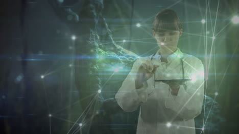 Animation-of-glowing-network-of-connections-over-caucasian-female-doctor-using-digital-tablet