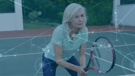 Animation-of-network-of-connections-over-female-caucasian-tennis-player-on-the-court