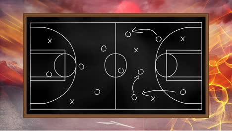 Animation-of-game-plan-on-black-board-over-light-trails