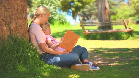 Young-woman-reading-a-book-with-her-daughter