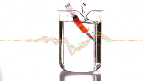Animation-of-red-shapes-rotating-over-syringe-with-reagent-in-glass-on-blue-background