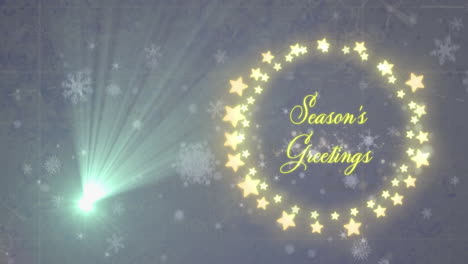 Animation-of-season's-greetings-text-over-light-trails-and-snowflakes-on-grey-background