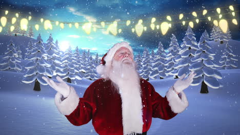 Magical-glowing-lights-turn-on-against-green-screen-with-santa-standing-beside-snowy-forest