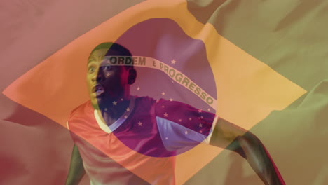 Animation-Eines-Afroamerikanischen-Männlichen-Fußballspielers-über-Der-Brasilianischen-Flagge
