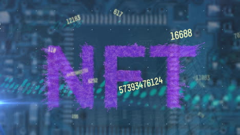 Animation-of-changing-numbers-over-purple-nft-text-banner-against-close-up-of-a-computer-server