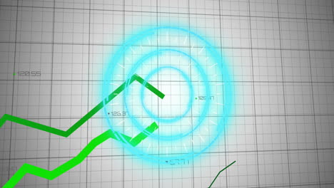 Animation-of-illuminated-circles-with-green-line-graphs-and-digits-over-grid-pattern