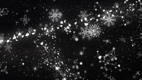 Animation-of-flying-lens-flare-and-snowfall,-snowflake-and-multiple-molecules-over-black-background