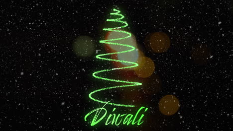 Animation-of-snow-falling-over-christmas-tree-divali-text-on-black-backrgound