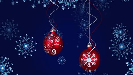 Animation-of-fireworks-and-snow-falling-over-christmas-decorations