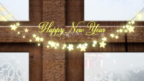 Animation-of-happy-new-year-text-with-fairy-lights-over-window-and-snow-falling