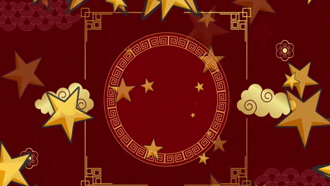 Animation-Traditioneller-Chinesischer-Dekorationen-Mit-Sternen-Auf-Rotem-Hintergrund