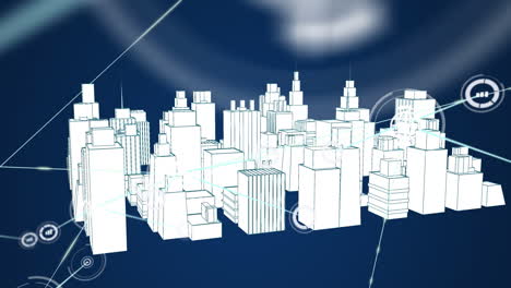 Animation-Eines-Netzwerks-Von-Verbindungen-über-Einem-Metaversen-Stadtbild-Auf-Marineblauem-Hintergrund
