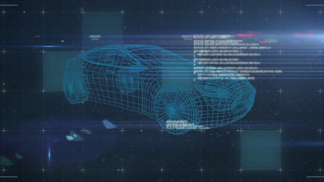 Animation-of-glitch-effect-over-3d-car-model-and-data-processing-against-blue-background