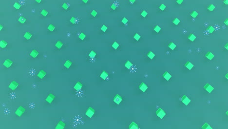 Animation-of-snow-falling-over-cubes-on-green-background