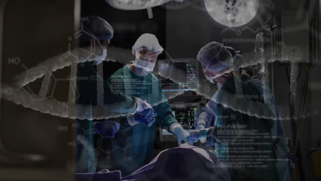 Animation-of-dna-strand-and-medical-data-over-diverse-female-and-male-surgeons-operating