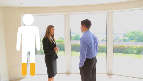 Animation-of-people-icon-filling-up-with-yellow-over-man-and-female-estate-agent-in-house