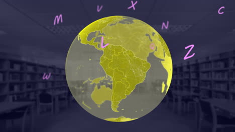 Digital-composition-of-alphabets-floating-over-spinning-globe-against-empty-school-library