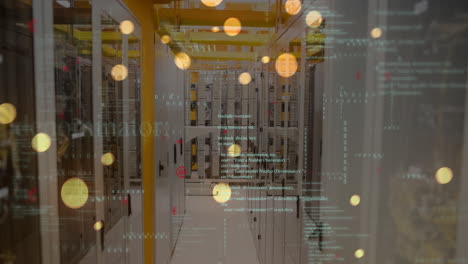 Animation-of-data-processing-and-yellow-glowing-spots-falling-against-computer-server-room