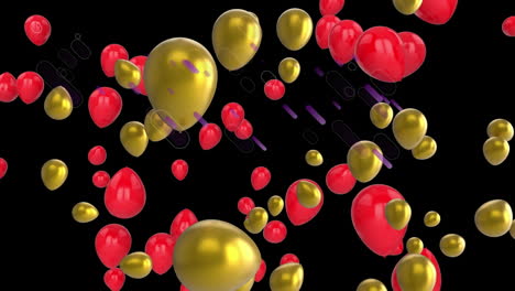Animation-Von-Violetten-Lichtspuren-über-Roten-Und-Goldenen-Luftballons-Auf-Schwarzem-Hintergrund
