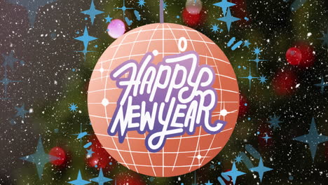 Animation-of-snow-falling-over-happy-new-year-text-banner-over-a-disco-ball-and-spots-of-light