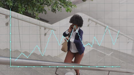 Animation-of-business-data-over-african-american-woman-using-smartphone