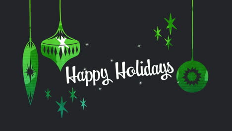Animation-of-red-shapes-over-white-text-happy-holidays,-and-hanging-green-decorations,-on-black