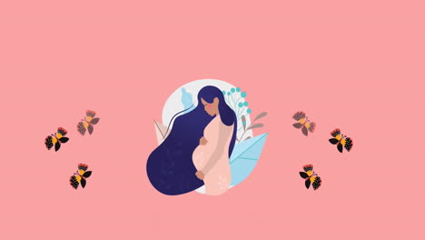 Animation-Einer-Schwangeren-Frau-Mit-Langen-Haaren,-Die-Ihren-Bauch-Berührt,-Und-Schmetterlingen,-Die-Auf-Rosa-Hintergrund-Fliegen