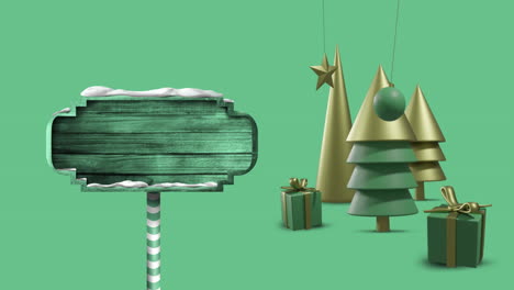 Animation-Von-Weihnachtsdekorationen-Mit-Straßenschild-Auf-Grünem-Hintergrund-Mit-Kopierraum