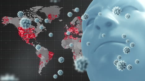 Animation-Von-Viruszellen-Und-Kopfüber-Weltkarte