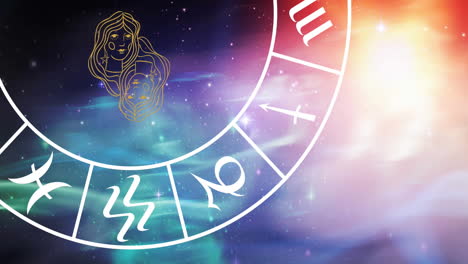 Animation-of-gemini-star-sign-symbol-in-spinning-horoscope-wheel-over-glowing-stars